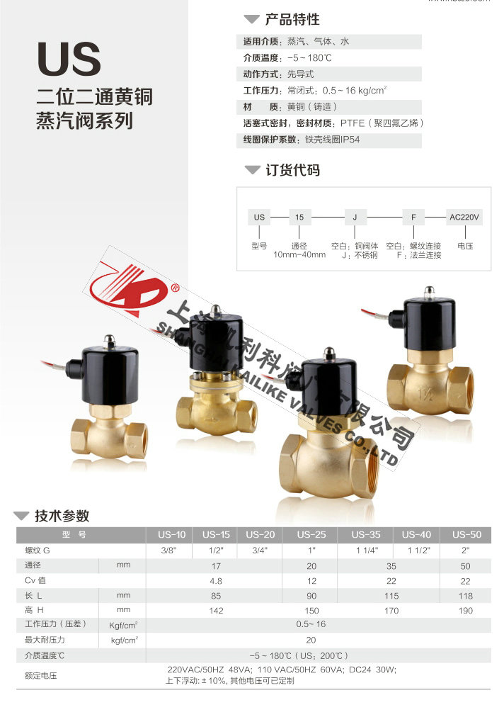 US先導式蒸汽電磁閥黃銅外形結構圖